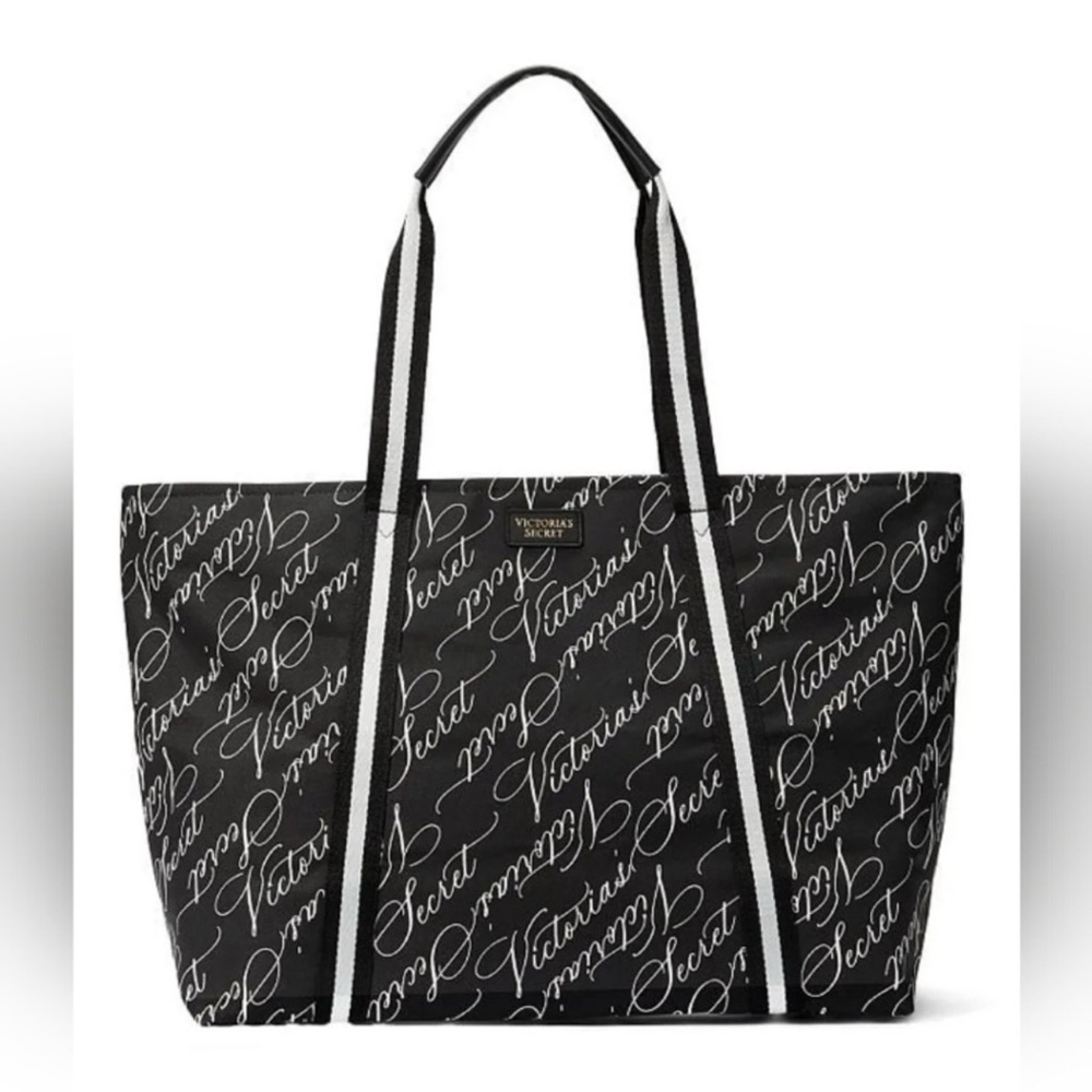NEW Victoria's Secret Black and White Script TOTE BAG new in plastic